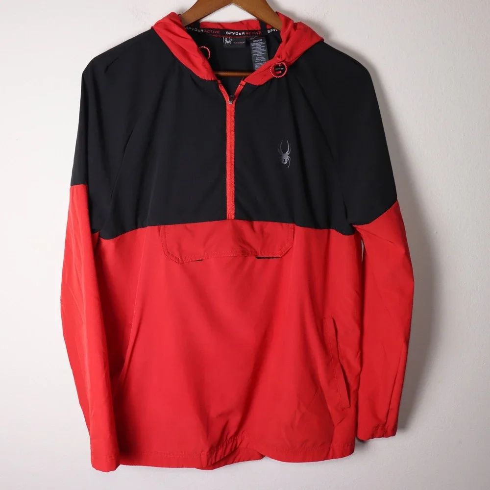 Spyder Active Windbreaker Red Black Quarter Zip Hooded Pullover Jacket Mens M